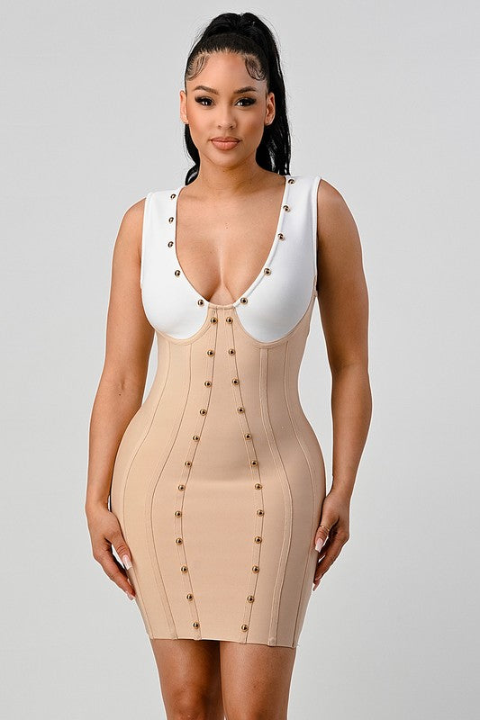 Beaded Contrast Bandage Dress