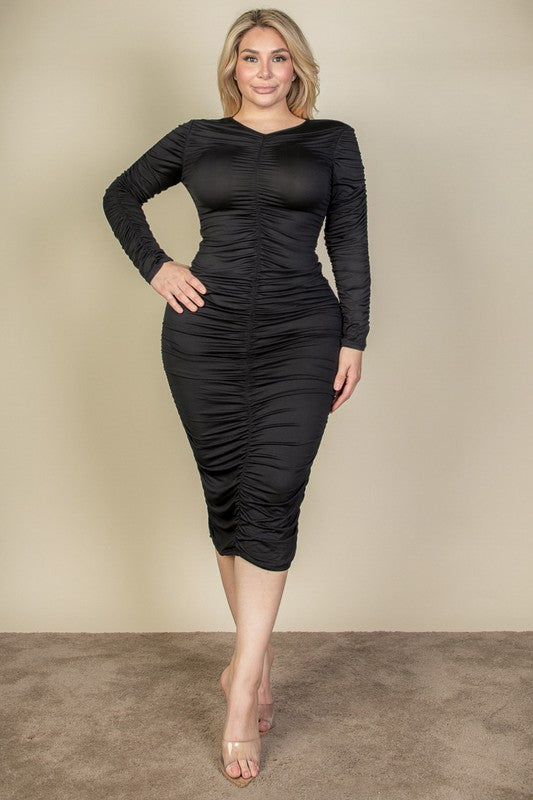Ruched Long Sleeve Midi Dress