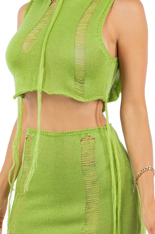 Green Rippled Crochet Skirt Set