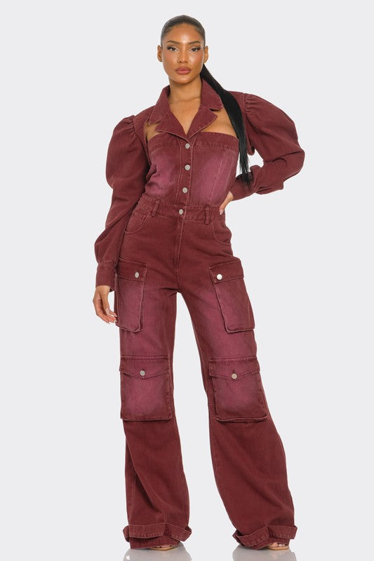 Burgundy Washed Utility Jumpsuit