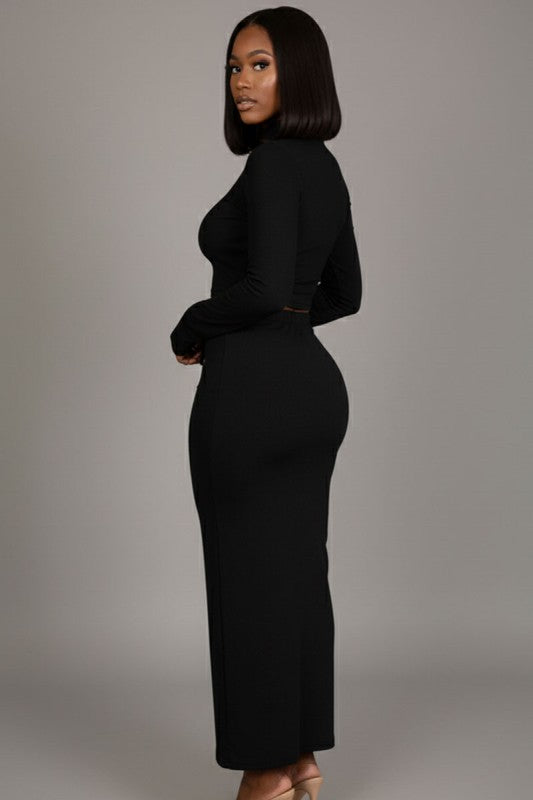 Mock Neck Bell Sleeve Crop Top & Maxi Skirt Set