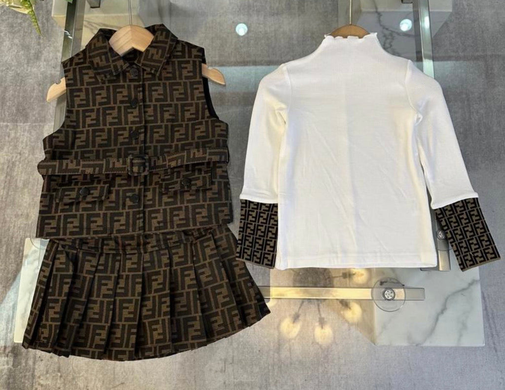 Girls’ Fashion 3-Piece Set – Monogram Vest, Skirt & Long Sleeve Top