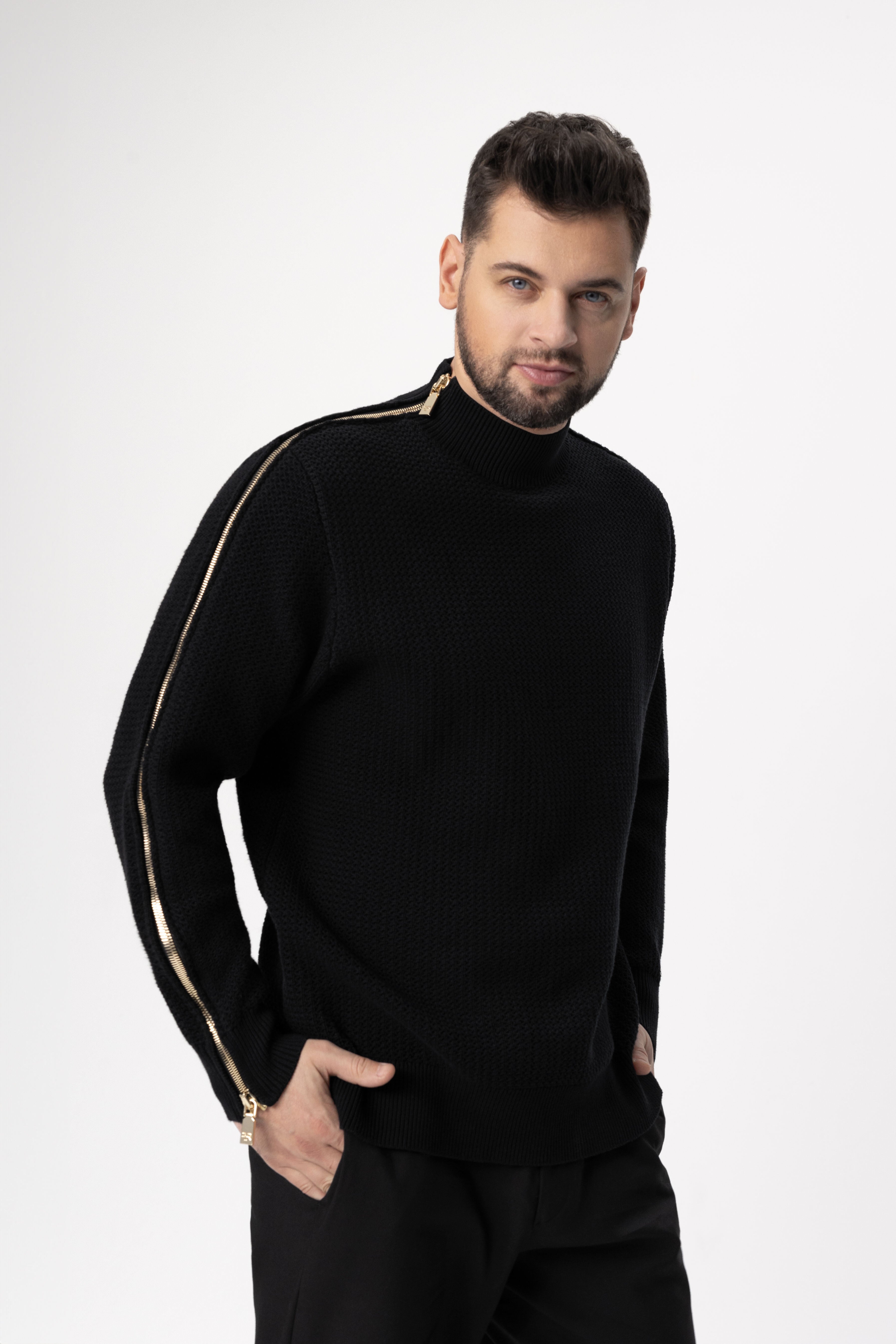 Black Luxe Zipped Turtleneck Sweater