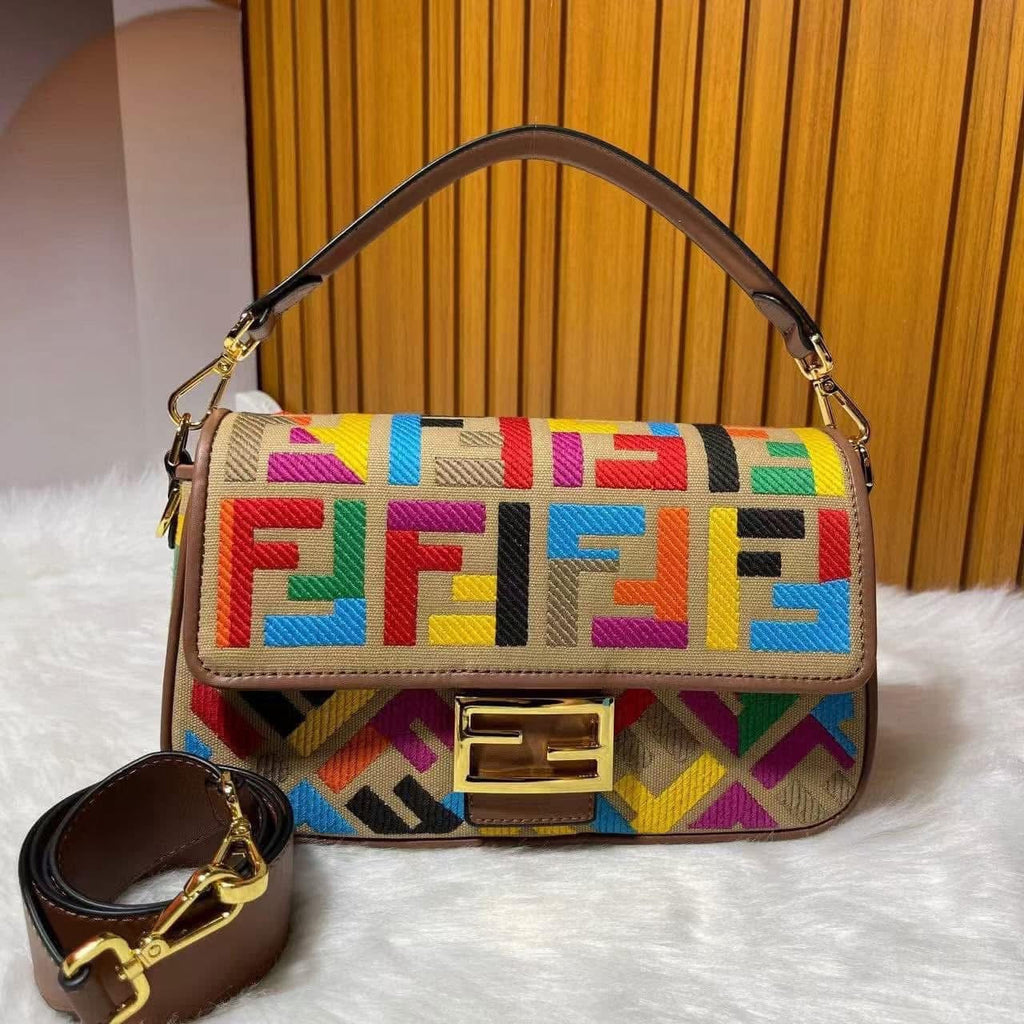 Roma Geometric Embroidered Flap Bag | Convertible Canvas Shoulder Handbag