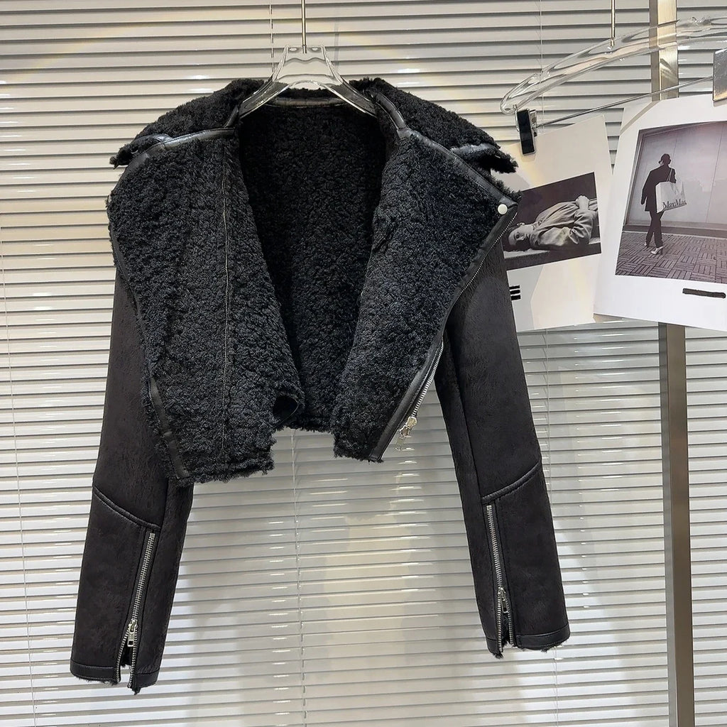 Faux-Leather Shearling Moto Jacket Cropped Winter Biker Coat