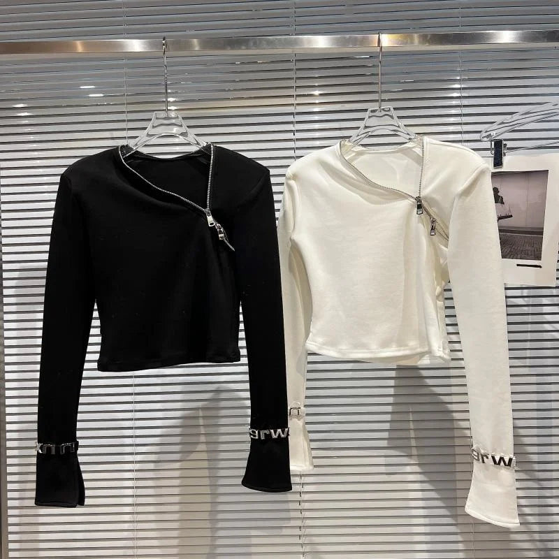 Asymmetric Zip Sculpt Long-Sleeve Top – Minimalist Streetwear Cutout Tee
