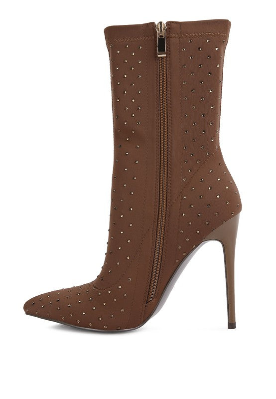 Rhinestone Pointed Toe Boot Heels – Stretch Lycra Sock Boots – High Heel