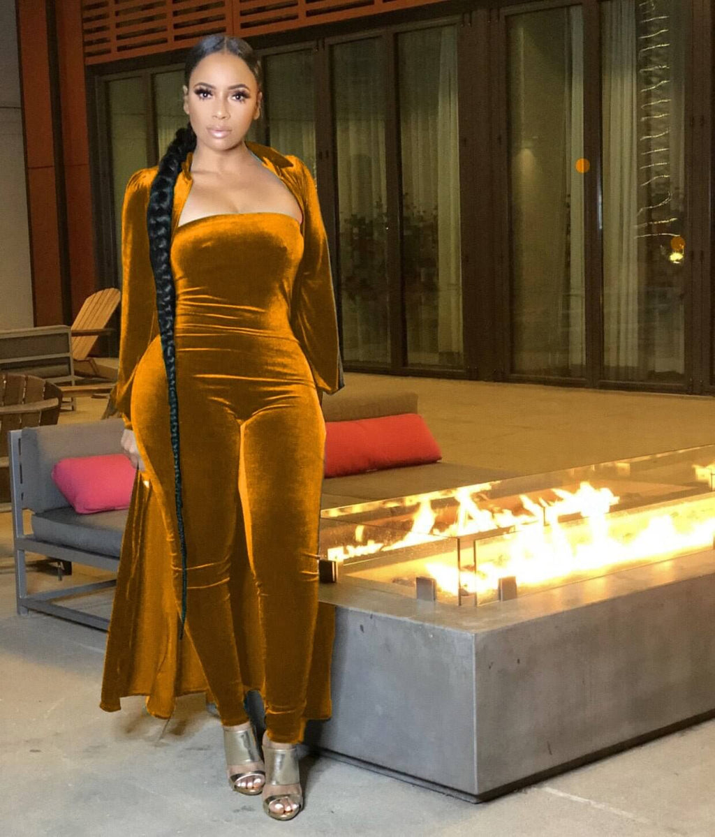Velvet Jumpsuit and Long Cardigan Set