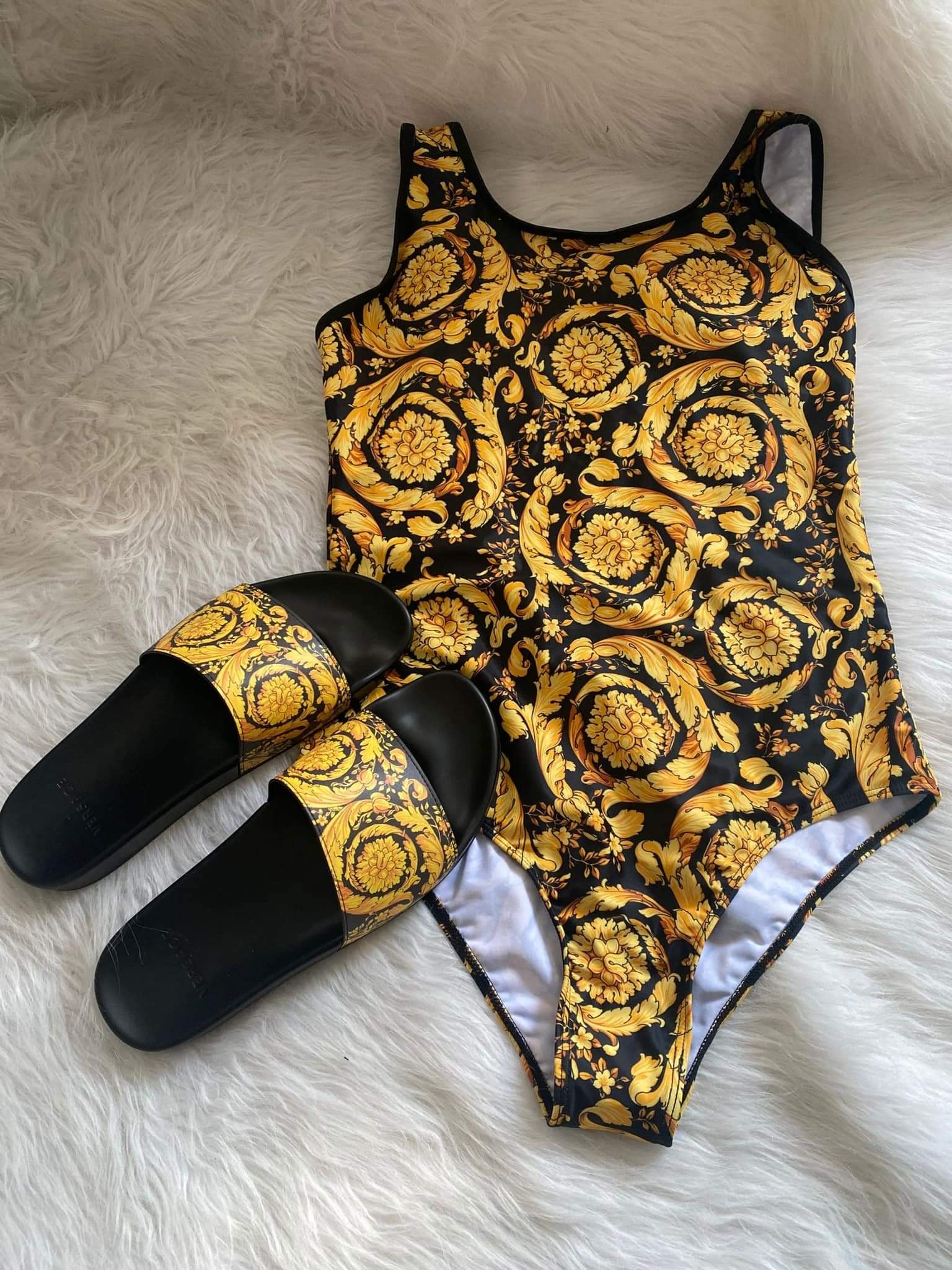 Baroque Print One Piece with Matching Slides